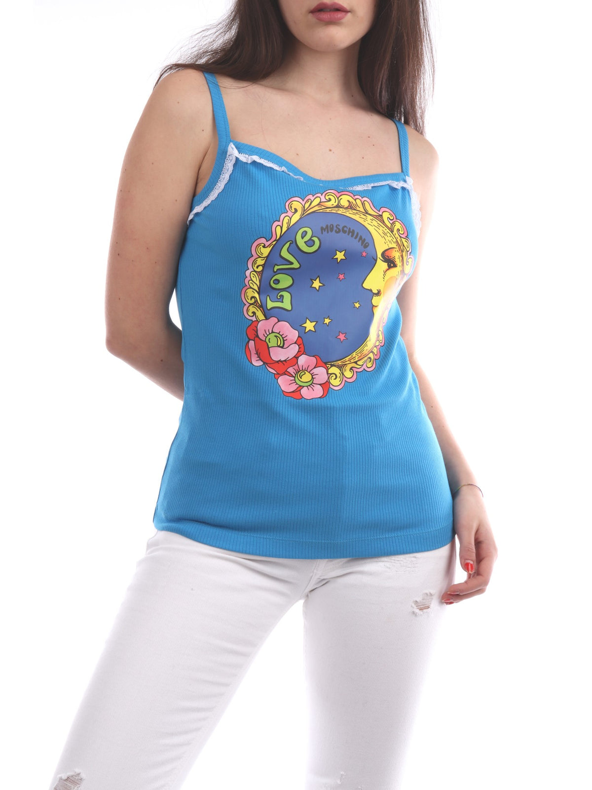 LOVE MOSCHINO CANOTTA STAMPA MULTICOLOR FONDO AZZURRO