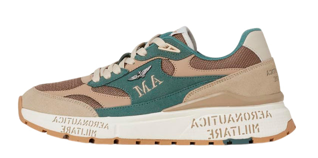 AERONAUTICA MILITARE SNEAKERS RUNNING IN MESH E PELLE BEIGE E VERDE