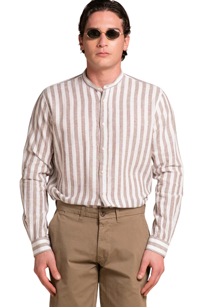 IMPURE CAMICIA LARS COREANA IN MIXED LINEN STRIPE BROWN