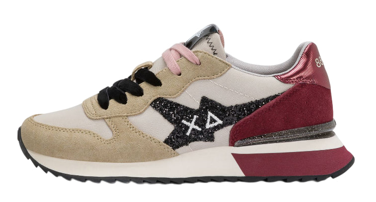 SUN68 SNEAKERS DONNA STARGIRL GLITTER IN NYLON E SUEDE BEIGE BORDEAUX