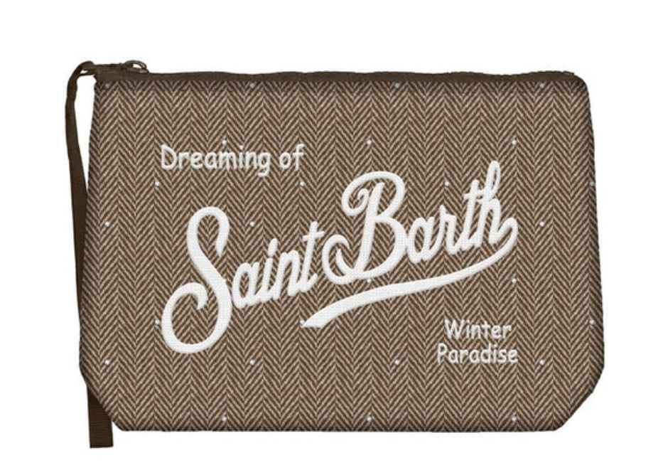 MC2 SAINT BARTH POCHETTE ALINE WOOL-HERRINGBONE STRASS BEIGE