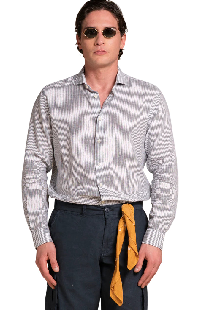 IMPURE CAMICIA RILEY FRENCH COLLAR IN MIXED LINEN STRIPE NAVY