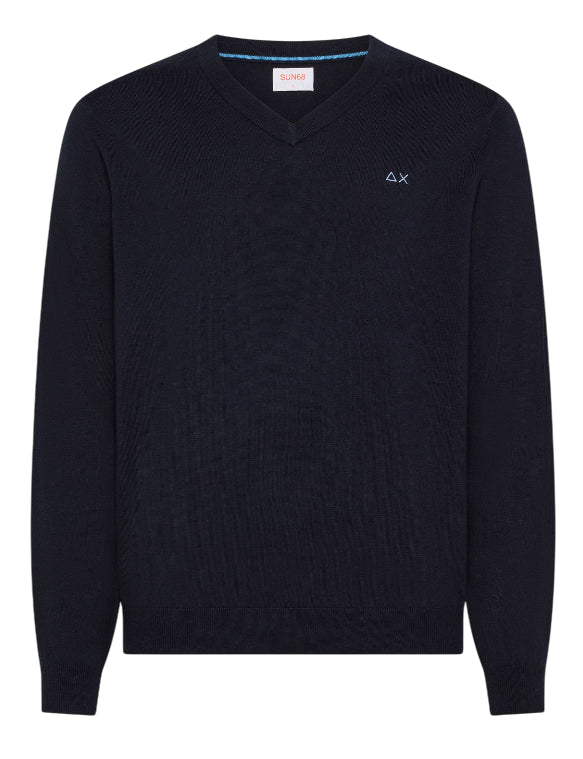 SUN68 UOMO MAGLIA IN LANA E COTONE CON SCOLLO A V COLORE NAVY BLUE