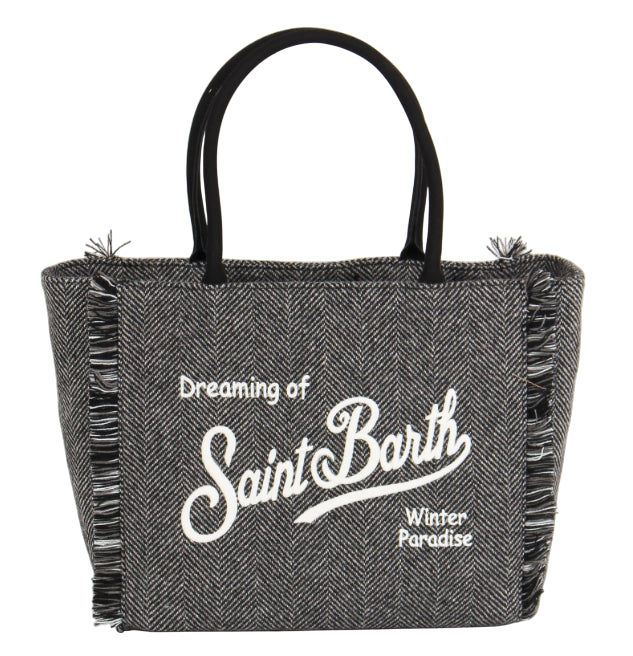 MC2 SAINT BARTH BORSA A SPALLA VANITY WOOL HERRINGBONE SPINATA NERO BIANCO