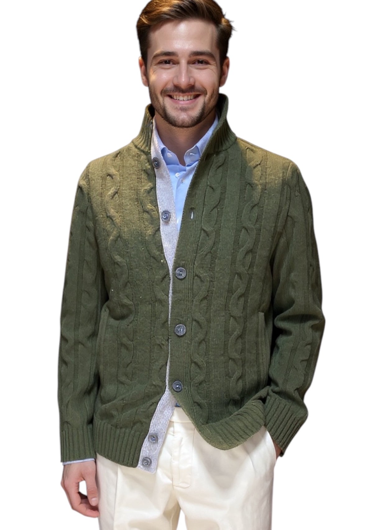MARK MIDOR CARDIGAN A TRECCE IN LANA VERDE MILITARE