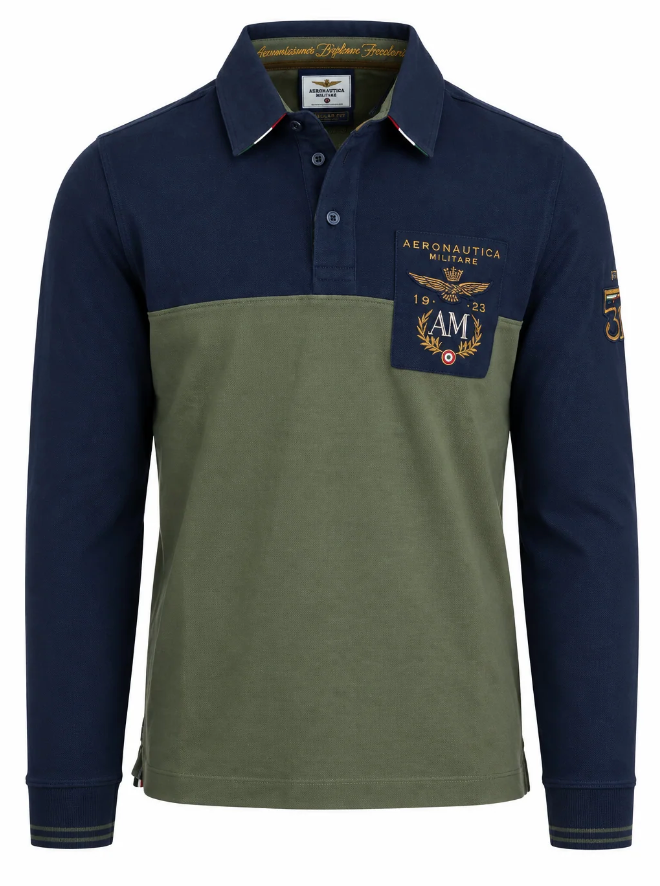 AERONAUTICA MILITARE POLO MANICA LUNGA CON PATCH E RICAMI BLU NAVY VERDE