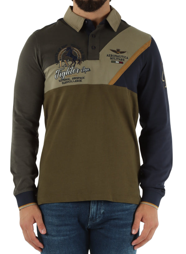AERONAUTICA MILITARE POLO MANICHE LUNGHE REGULAR FIT IN COTONE DARK OLIVE