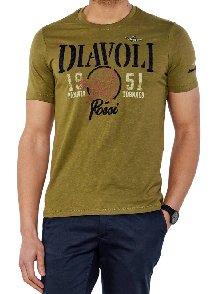 AERONAUTICA MILITARE T-SHIRT DIAVOLI ROSSI  IN COTONE FIAMMATO VERDE OLIVA