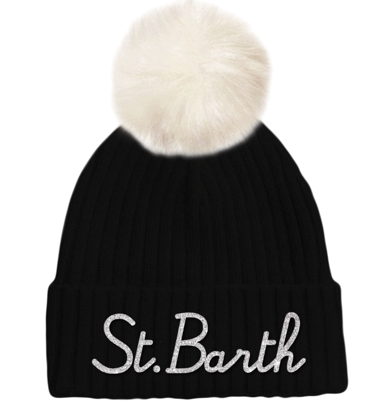 MC2 SAINT BARTH BERRETTO DONNA IN LANA CON POMPON E SCRITTA ST BARTH NERO 00 EMB