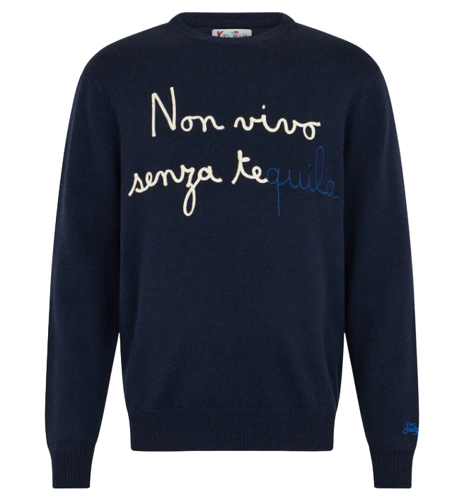 MC2 SAINT BARTH UOMO MAGLIONE BLU HERON CON STAMPA NON VIVO SENZA TEQUILA