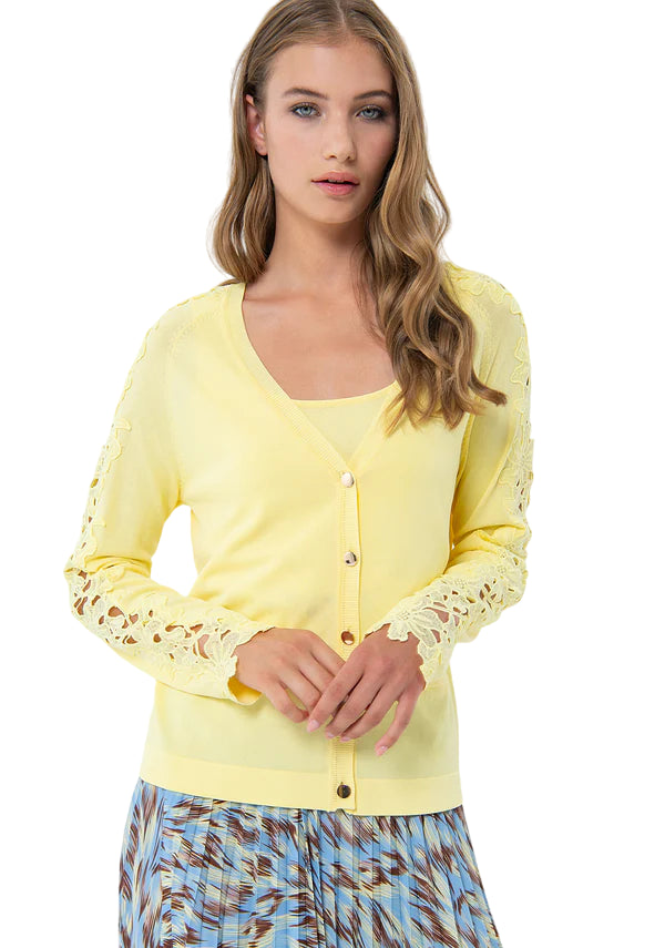 FRACOMINA CARDIGAN REGULAR CON INSERTI DI PASSAMANERIA IN PIZZO COLORE LEMONADE