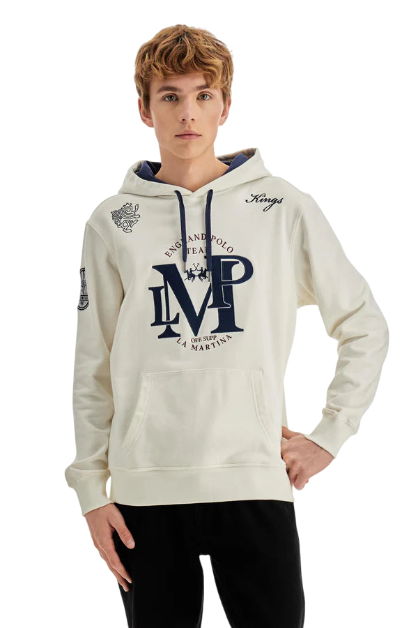 LA MARTINA FELPA UOMO CON CAPPUCCIO IN FRENCH TERRY LM ENGLAND BIANCO