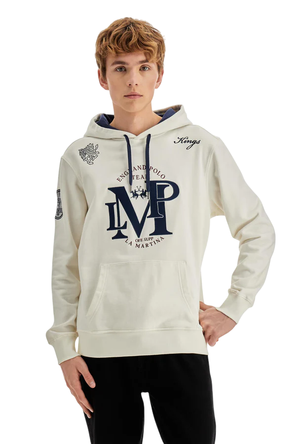 LA MARTINA FELPA UOMO CON CAPPUCCIO IN FRENCH TERRY LM ENGLAND BIANCO