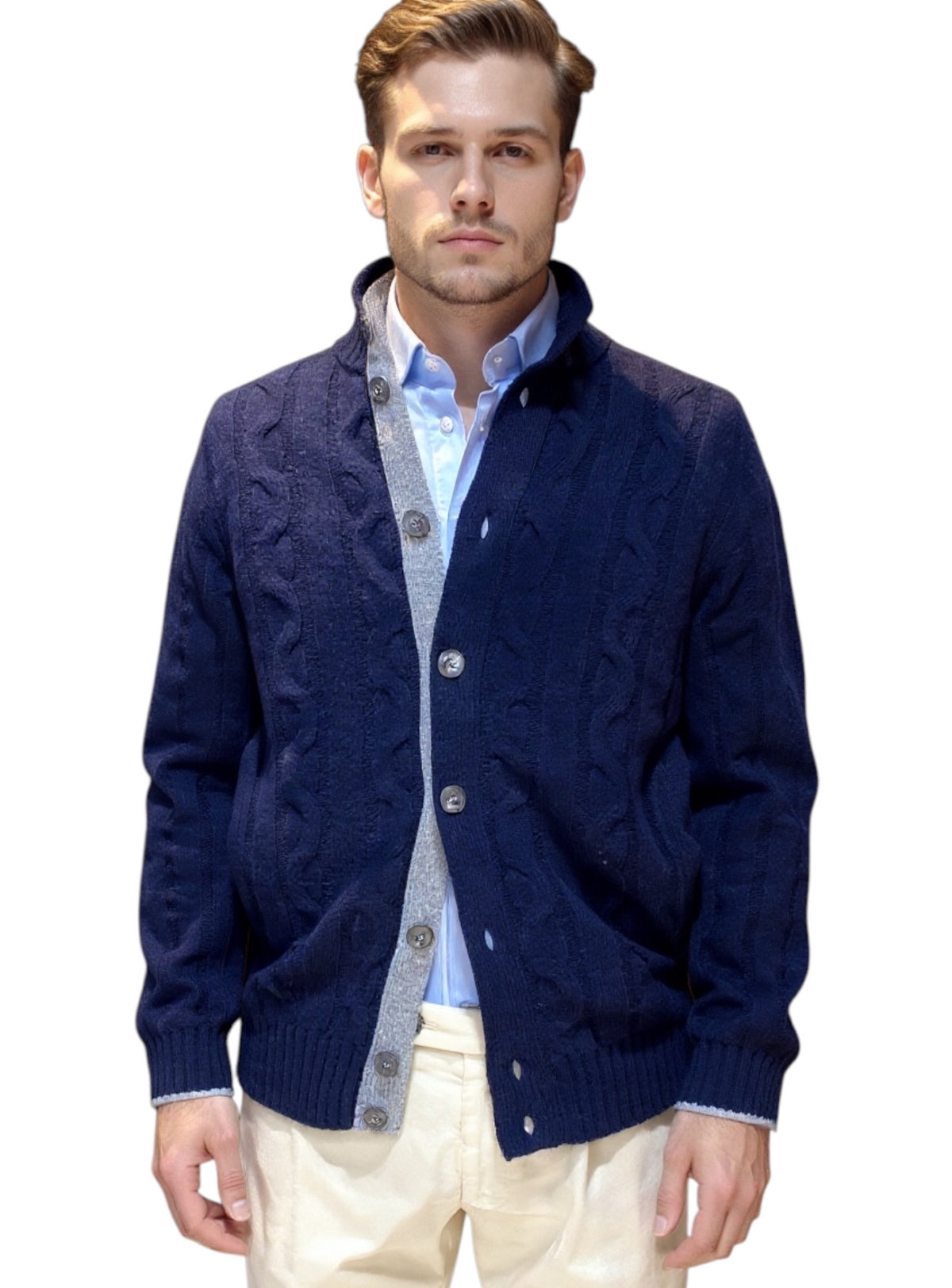 MARK MIDOR CARDIGAN A TRECCE IN LANA BLU NAVY