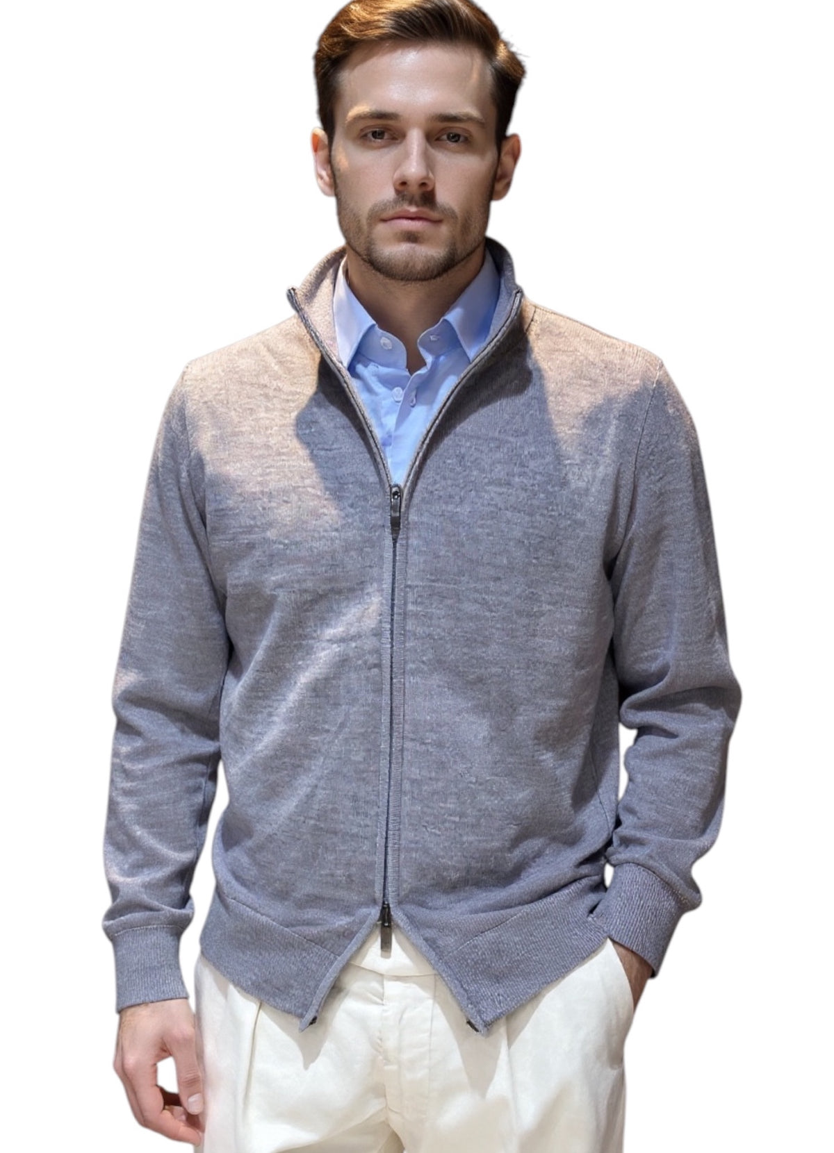 MARK MIDOR CARDIGAN FULL ZIP 100% LANA MERINO EXTRAFINE GRIGIO TORTORA