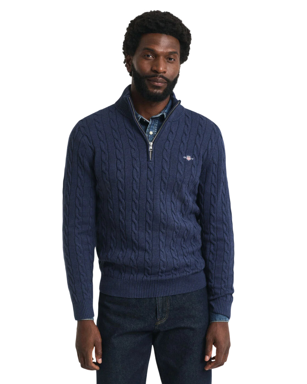 GANT MAGLIA CON ZIP CORTA IN COTONE A TRECCE DARK JEANS
