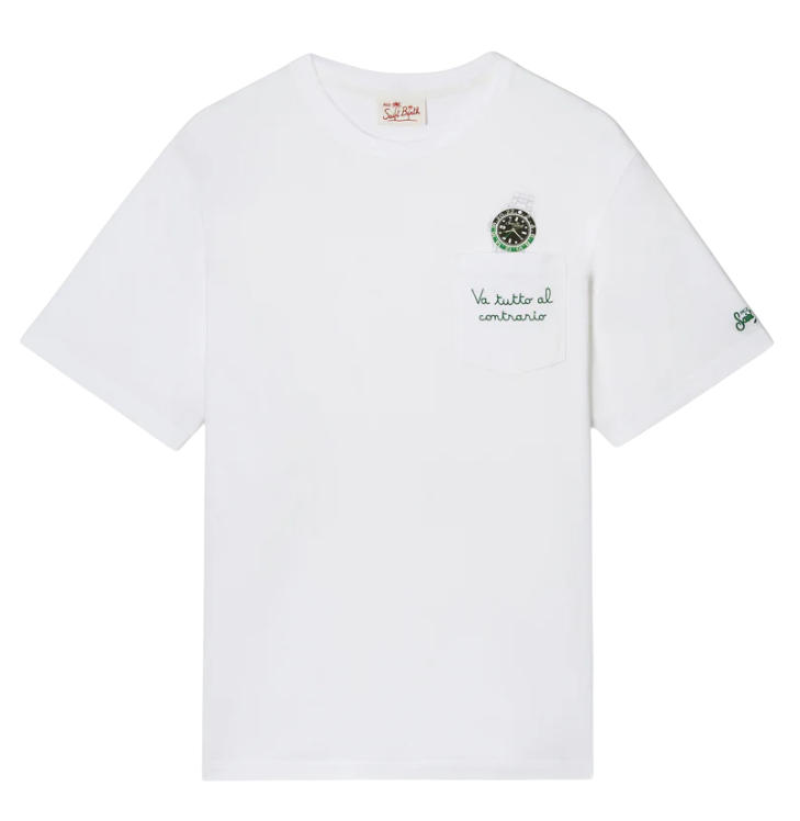 MC2 SAINT BARTH T-SHIRT AUSTIN BIANCA CON OROLOGIO E RICAMO VA TUTTO AL CONTRARIO