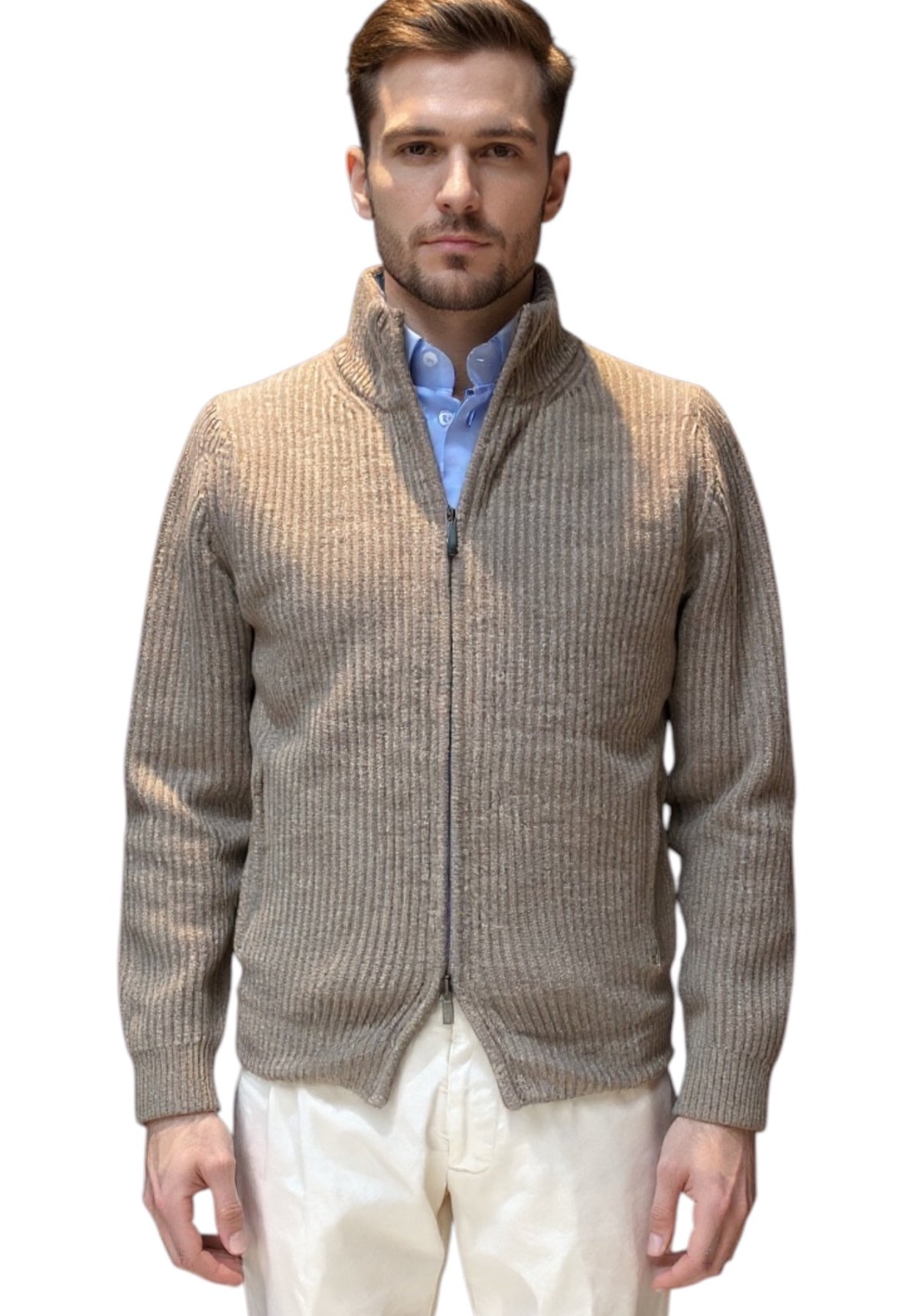 MARK MIDOR MAGLIA FULL ZIP RIGATA IN LANA COLORE CORDA