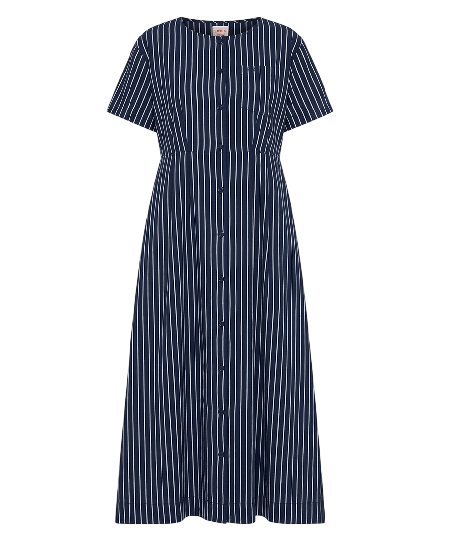 SUN68 DONNA ABITO CHEMISIER IN COTONE A RIGHE NAVY BLUE