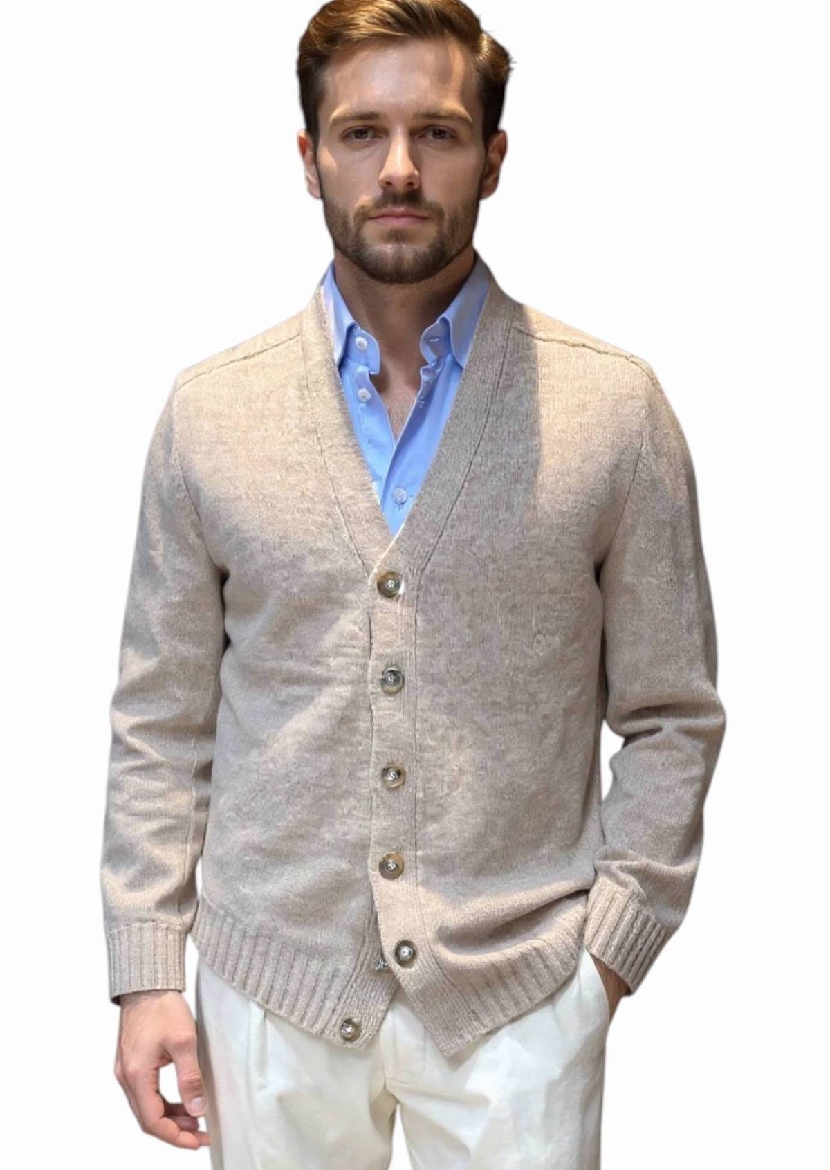 MARK MIDOR CARDIGAN UOMO IN LANA MERINO COLORE SABBIA