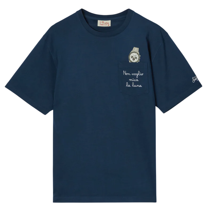 MC2 SAINT BARTH T-SHIRT AUSTIN BLU CON OROLOGIO E RICAMO NON VOGLIO MICA LA LUNA