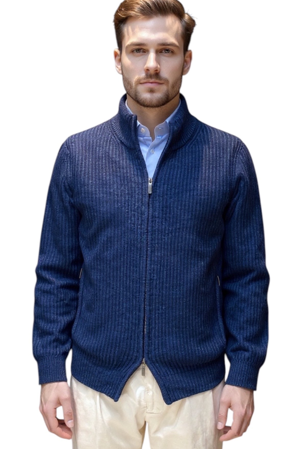 MARK MIDOR MAGLIA FULL ZIP RIGATA IN LANA COLORE BLU PROFONDO