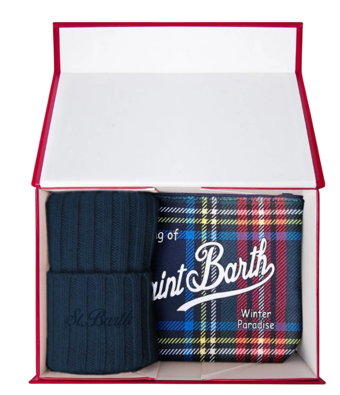 MC2 SAINT BARTH CHRISTMAS BOX POCHETTE ALINE TARTAN E BERRETTO BLU