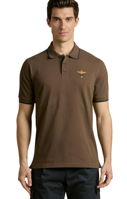 AERONAUTICA MILITARE POLO IN PIQUE' DI COTONE CON LOGO MARRONE CASTAGNA