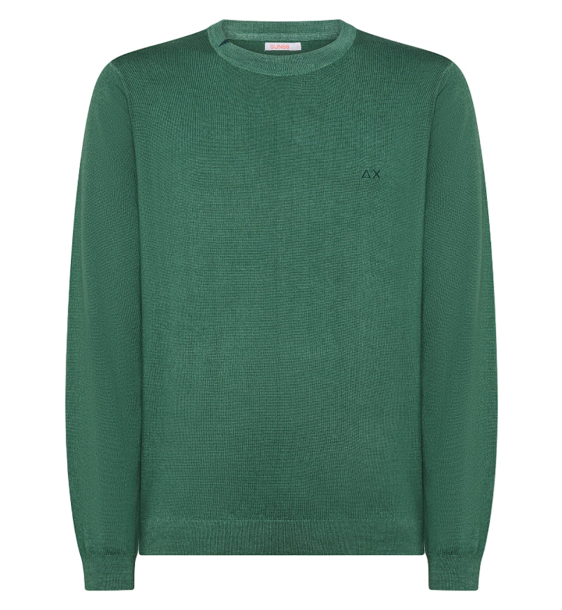 SUN68 MAGLIA ROUND VINTAGE PLAIN IN LANA MERINO VERDE SCURO