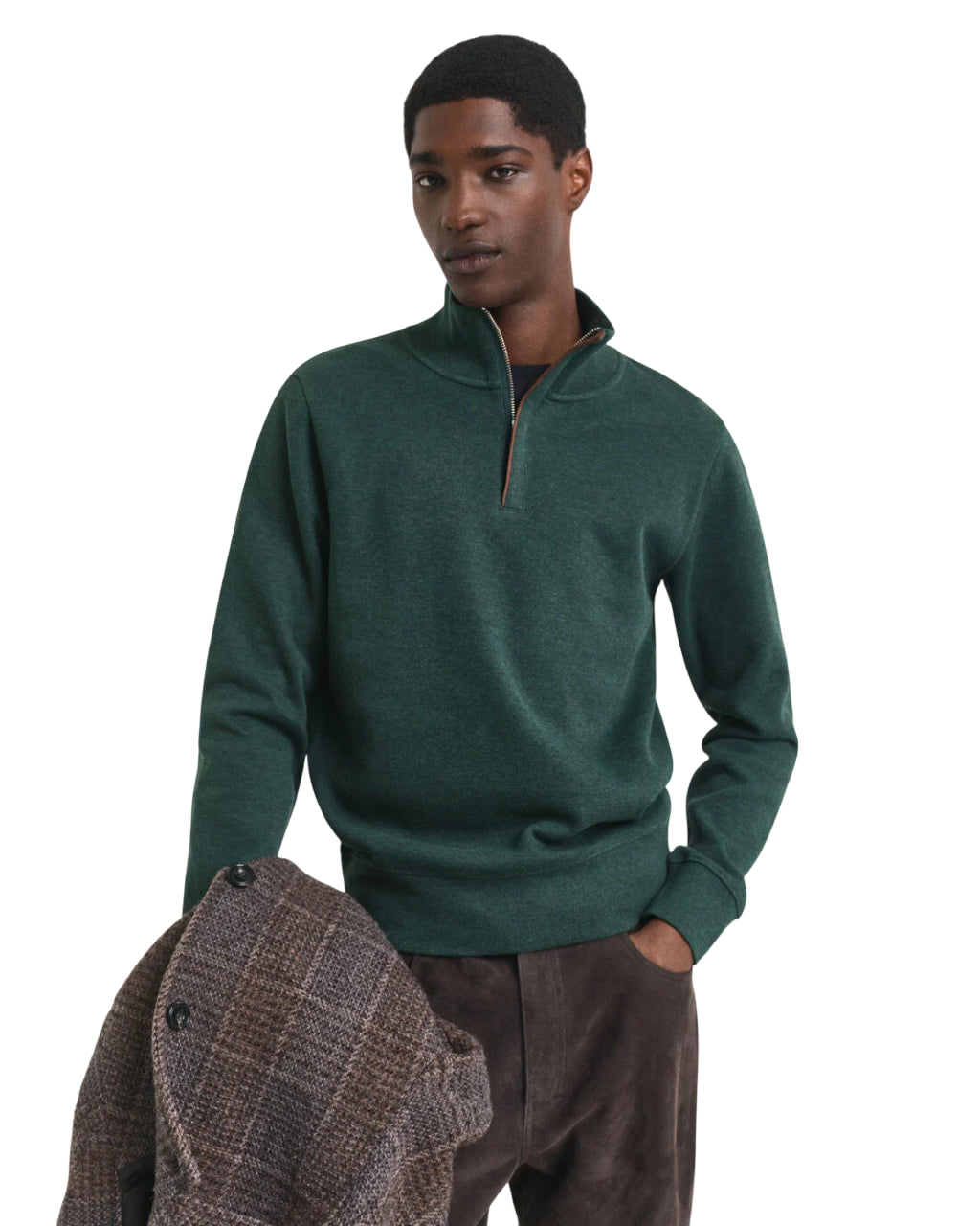 GANT FELPA SACKER RIB CON ZIP CORTA TARTAN GREEN