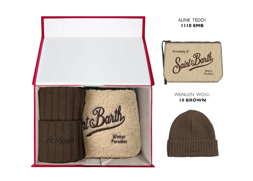 MC2 SAINT BARTH CHRISTMAS BOX BERRETTO MARRONE POCHETTE BIANCA