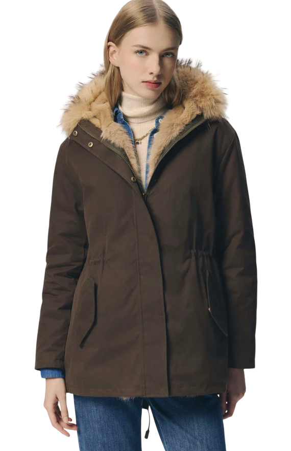 MC2 SAINT BARTH PARKA BRENNA VERDE MILITARE IN TESSUTO CERATO DI MISTO COTONE CON CAPPUCCIO IN EFFETTO PELLICCIA