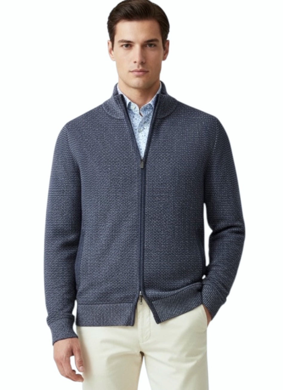 MARK MIDOR CARDIGAN FULL ZIP MICROPUNTINATO LANA MERINO DENIM