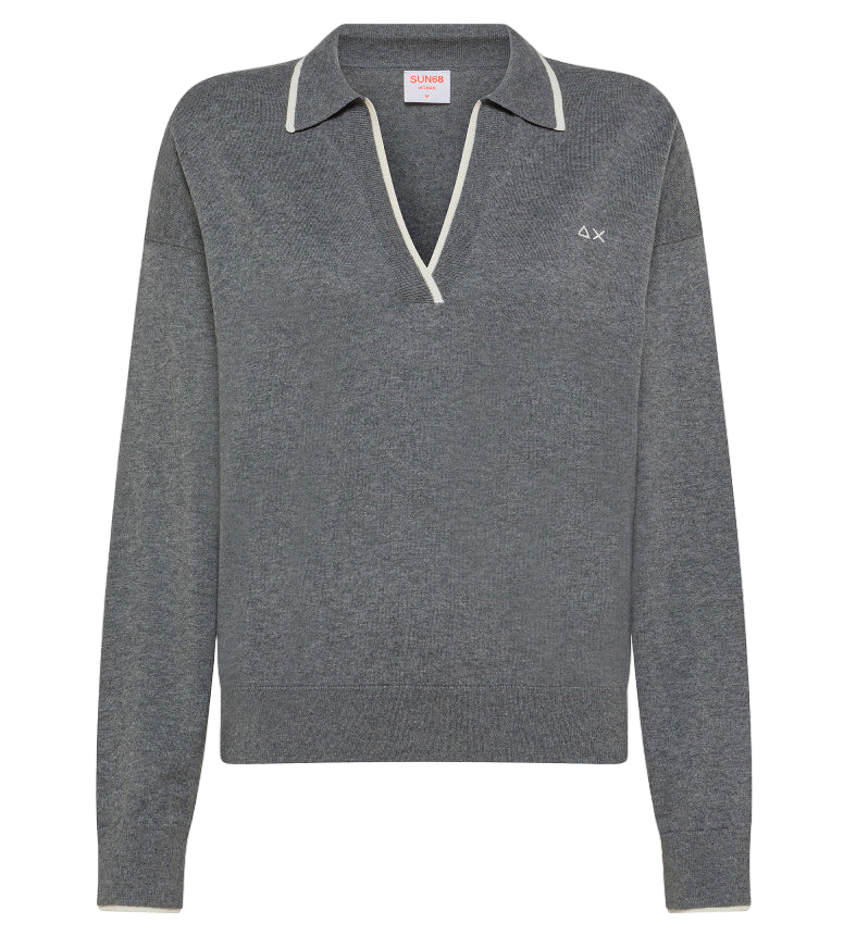 SUN68 POLO V NECK DOUBLE RIB L/S GRIGIO SCURO