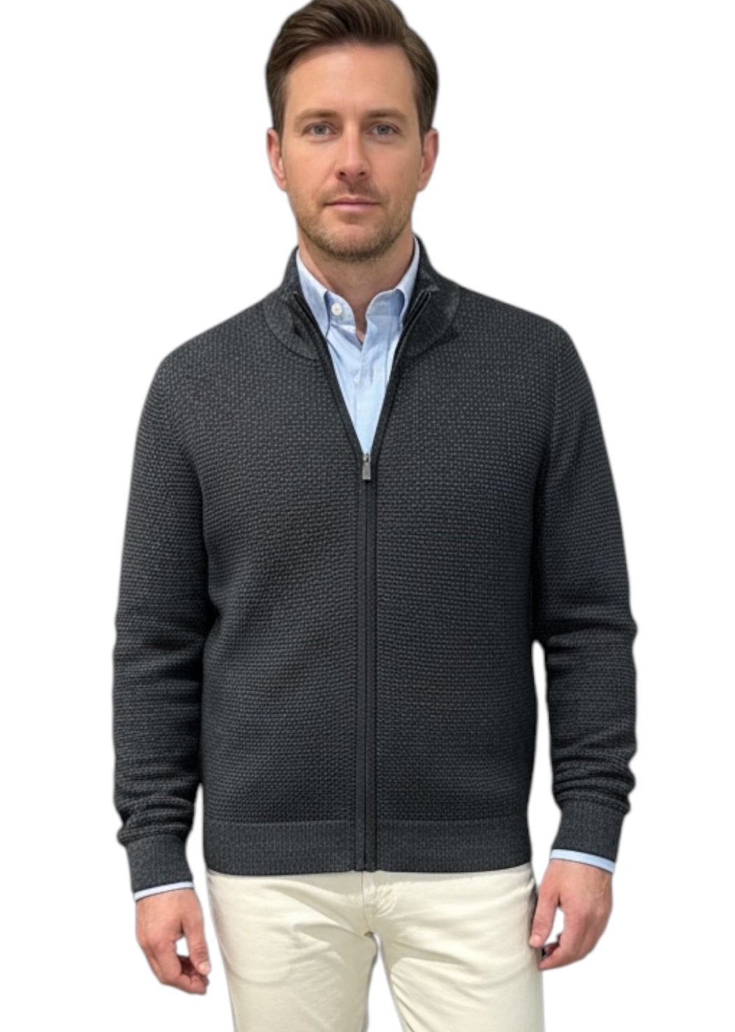 MARK MIDOR CARDIGAN FULL ZIP MICROPUNTINATO LANA MERINO ANTRACITE