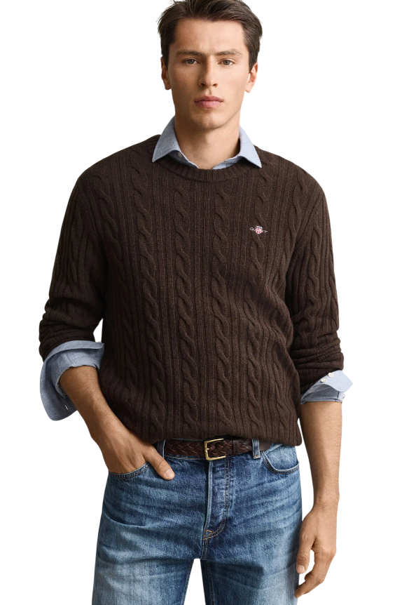 GANT UOMO MAGLIA A GIROCOLLO A TRECCE IN LANA BLACK BROWN