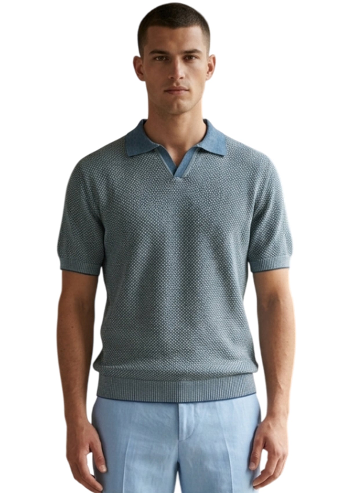 MARK MIDOR POLO SENZA BOTTONI A V IN COTONE BLU POLVERE