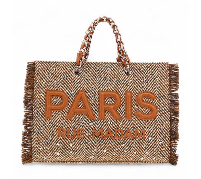 RUE MADAM PARIS BORSA SHOPPING HARRIS TOTE BAG TWEED COGNAC