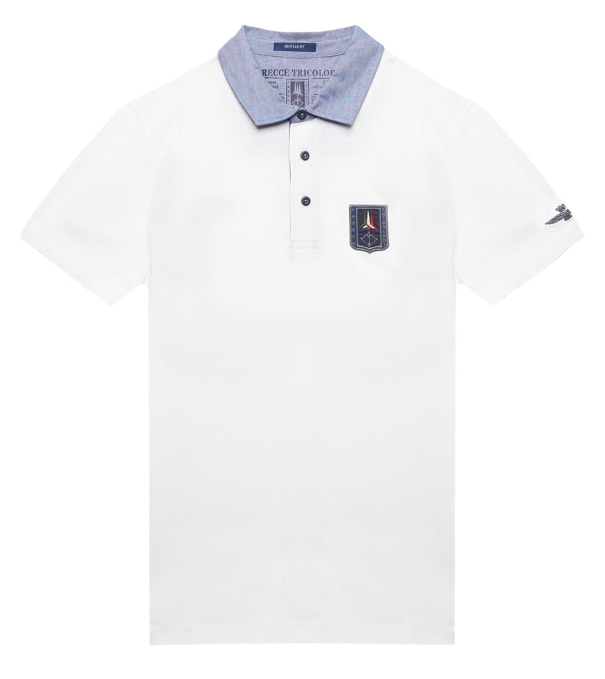 AERONAUTICA MILITARE POLO IN JERSEY CON COLLO IN CHAMBRAY OFF WHITE