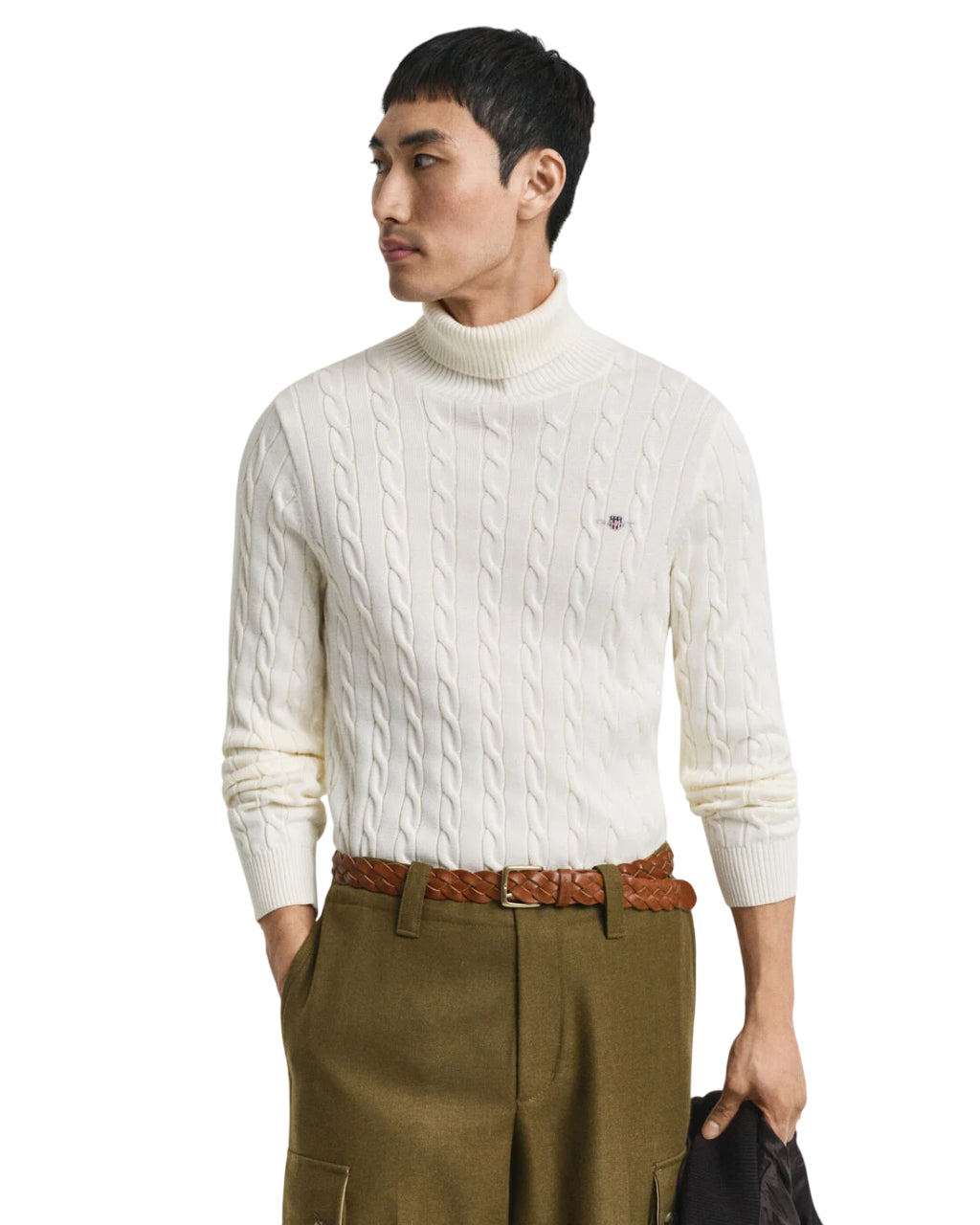 GANT MAGLIA A COLLO ALTO IN COTONE A TRECCE BIANCO CREAM
