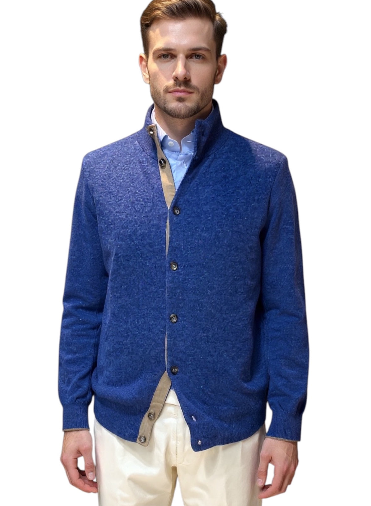 MARK MIDOR CARDIGAN IN LANA MERINO EXTRAFINE E CASHMERE COLORE DENIM