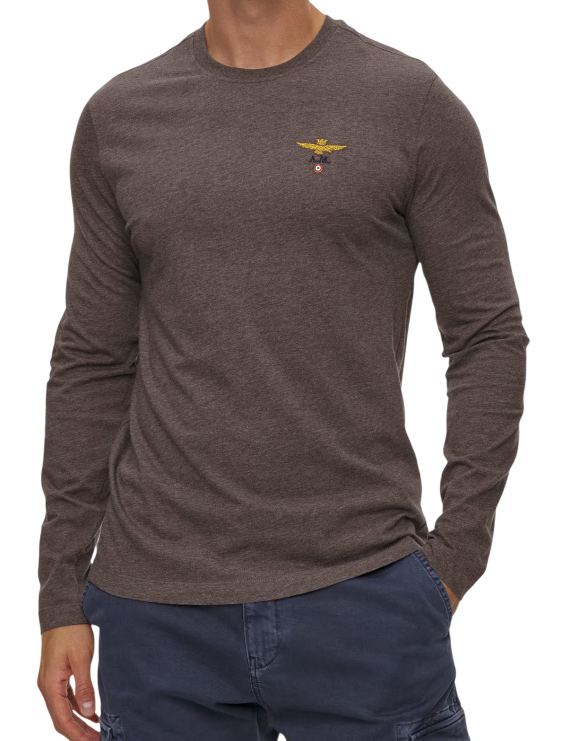AERONAUTICA MILITARE T-SHIRT REGULAR FIT MANICA LUNGA AQUILA MARRONE MELANGE