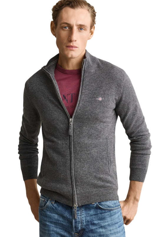 GANT UOMO CARDIGAN FULL ZIP IN LANA CHARCOAL MELANGE