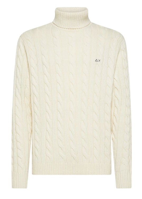 SUN68 MAGLIA UOMO DOLCEVITA IN MISTO LANA A TRECCE BIANCO PANNA