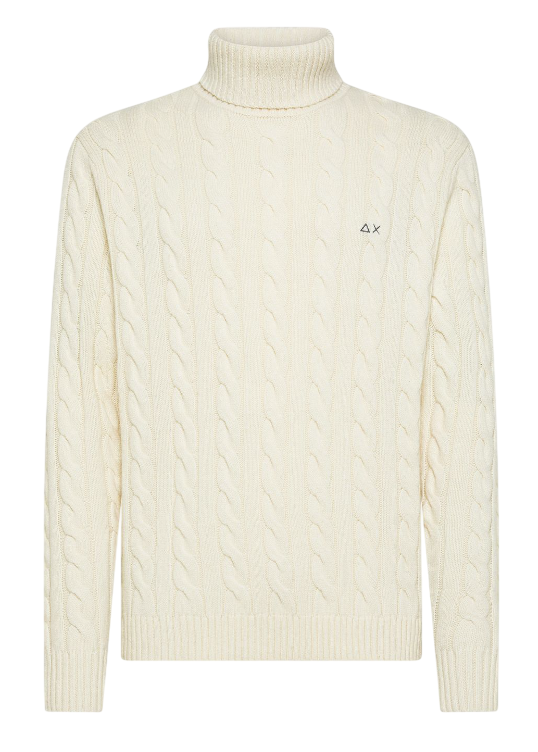 SUN68 MAGLIA UOMO DOLCEVITA IN MISTO LANA A TRECCE BIANCO PANNA