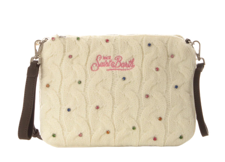 MC2 SAINT BARTH POCHETTE PARISIENNE BRAID TRICOT STRASS BIANCO