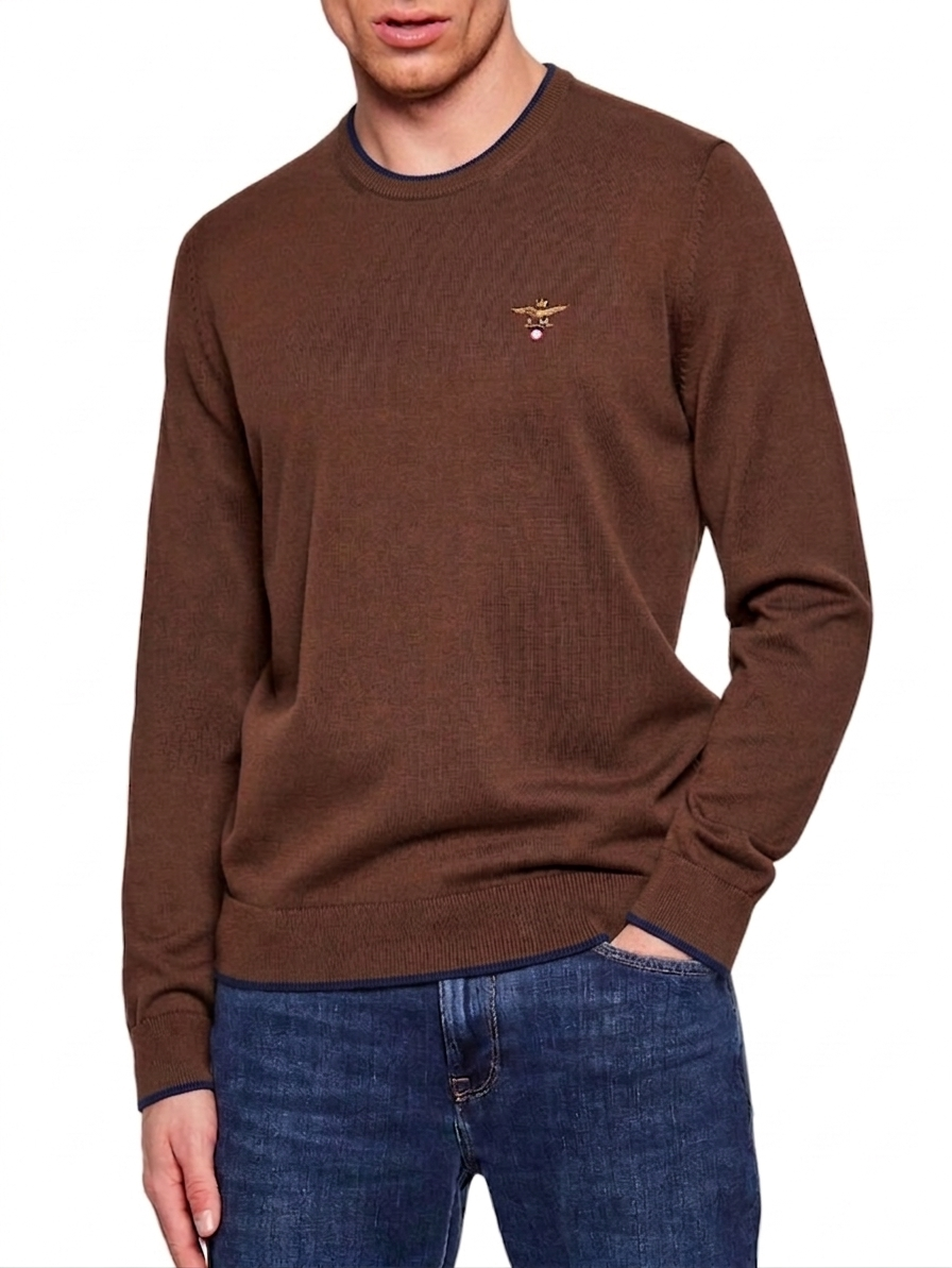 AERONAUTICA MILITARE PULLOVER GIROCOLLO IN COTONE CON RICAMO MARRONE