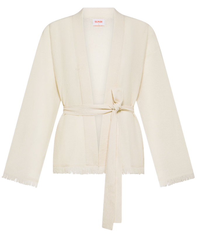 SUN68 CARDIGAN IN LANA E CASHMERE CON FRANGE BIANCO PANNA