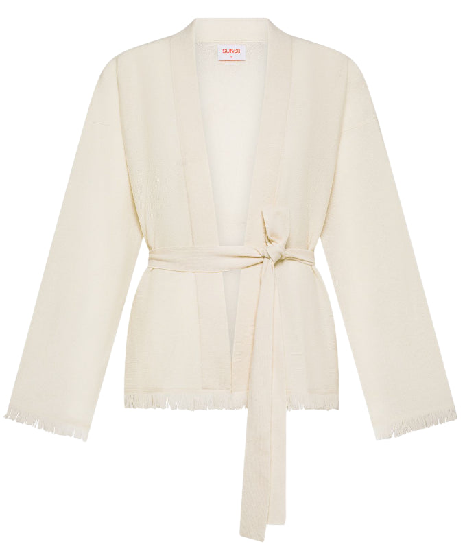 SUN68 CARDIGAN IN LANA E CASHMERE CON FRANGE BIANCO PANNA