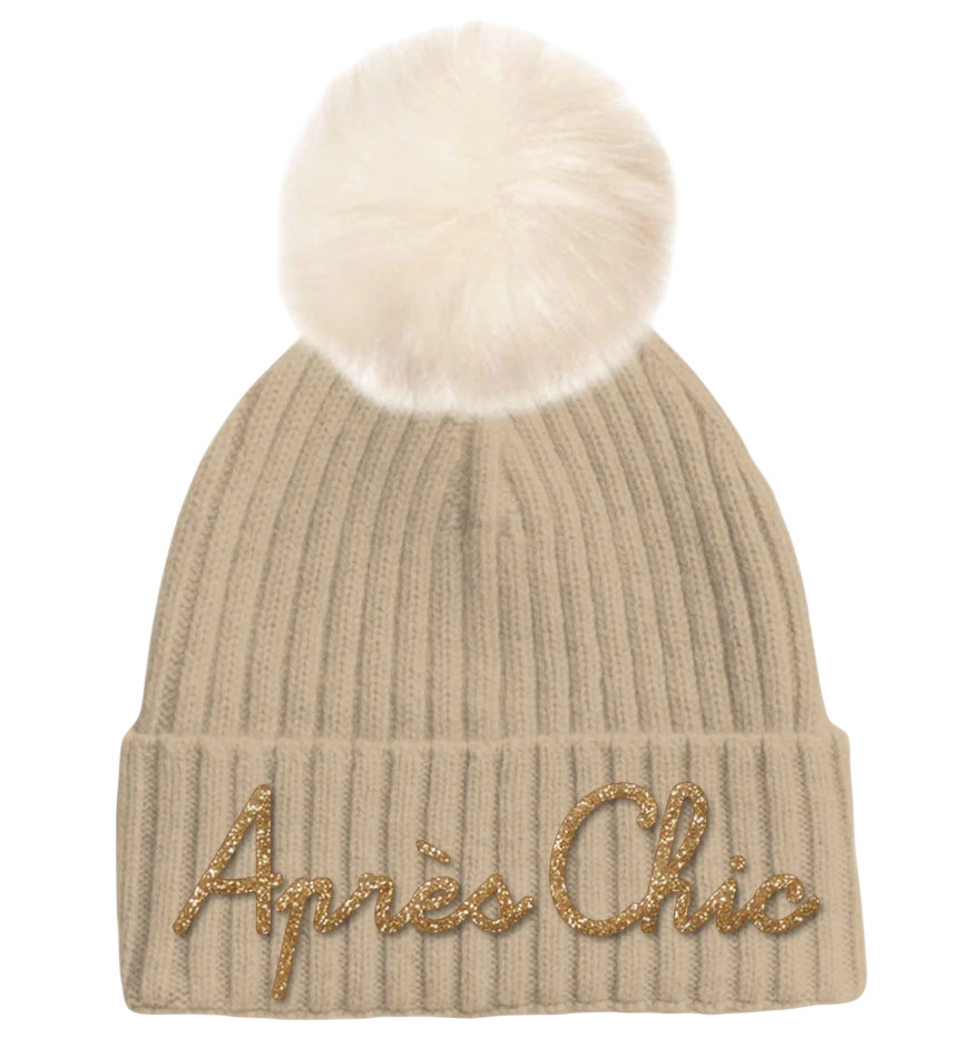 MC2 SAINT BARTH BERRETTO IN LANA CON POMPON E SCRITTA APRES CHIC LUREX BEIGE